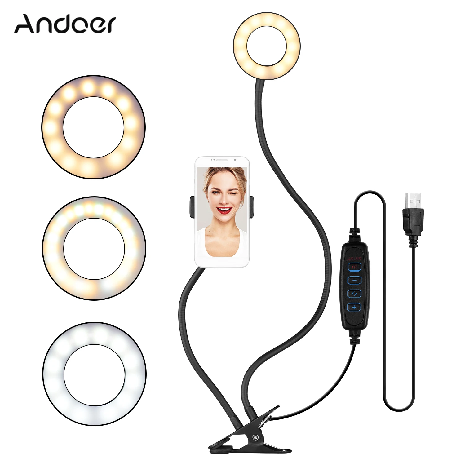 Andoer kamerası ışık standı 3.5 inç Clip-On Mini USB halka ışık 3 aydınlatma modları kısılabilir esnek kol tasarımı web kamerası montaj