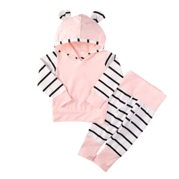 

Fashion Cute Baby Girl Boy Clothes Newborn Hooded Sweatshirt Striped Pants 2pcs Outfit Cotton Baby Tracksuit Sets Hot