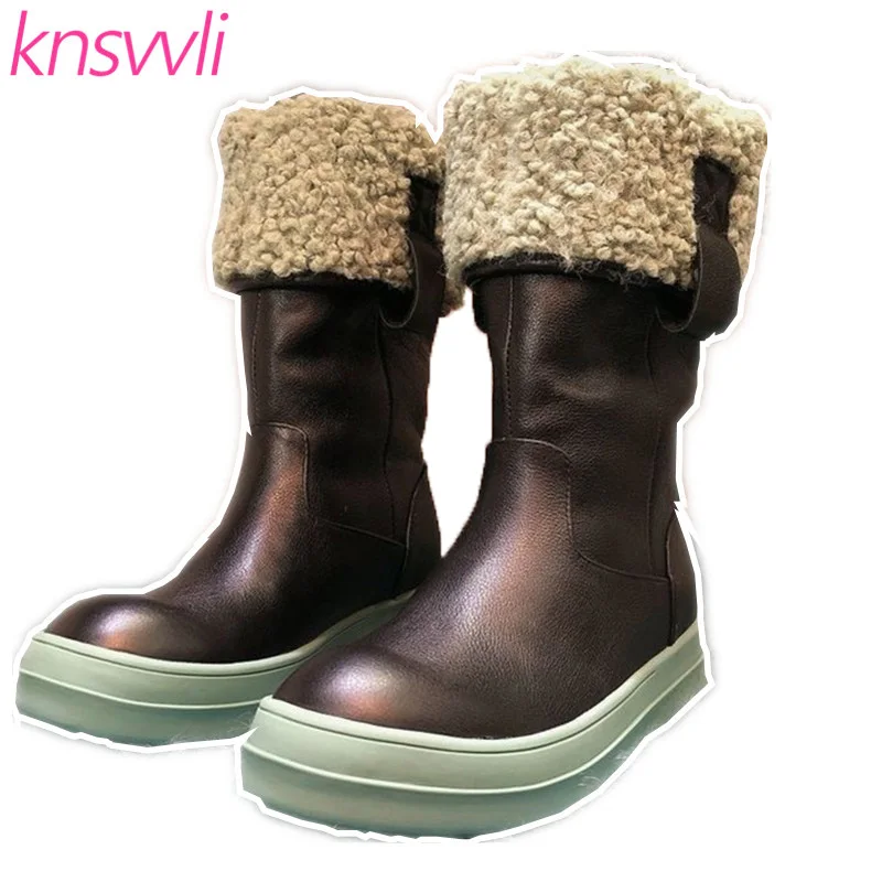 

New Wool Snow Boots Women Genuine Leather Round Toe Keep Warm Mid Calf Boots Woman Platform Shoes Furs Casual Winter Boots