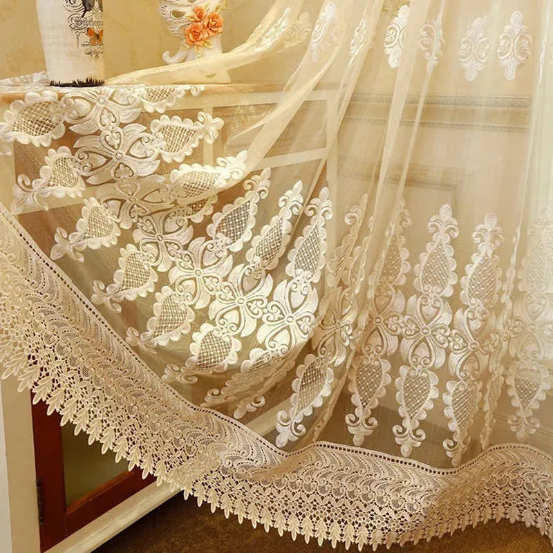 European luxury lace tulle curtains for living room dining room bedroom kitchen study hotel Brown/white optional customizable