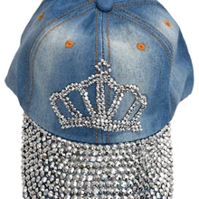 Chic Crown Pattern Washed Frayed Denim Rhinestoned Baseball Cap Hat For Women