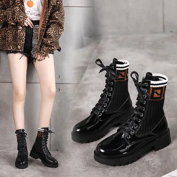 

Black Martin Boots Female 2020 New Leather British Wind Elastic Stockings Trend Letters Luxury Wild Popular Net Red Short Boots