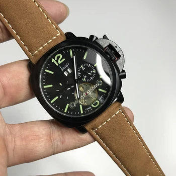 

Skeleton Men Automatic Mechanical Sapphire Stainless Steel Brown Genuine Leather strap Matte Bezel Watch Luminous 43mm AAA