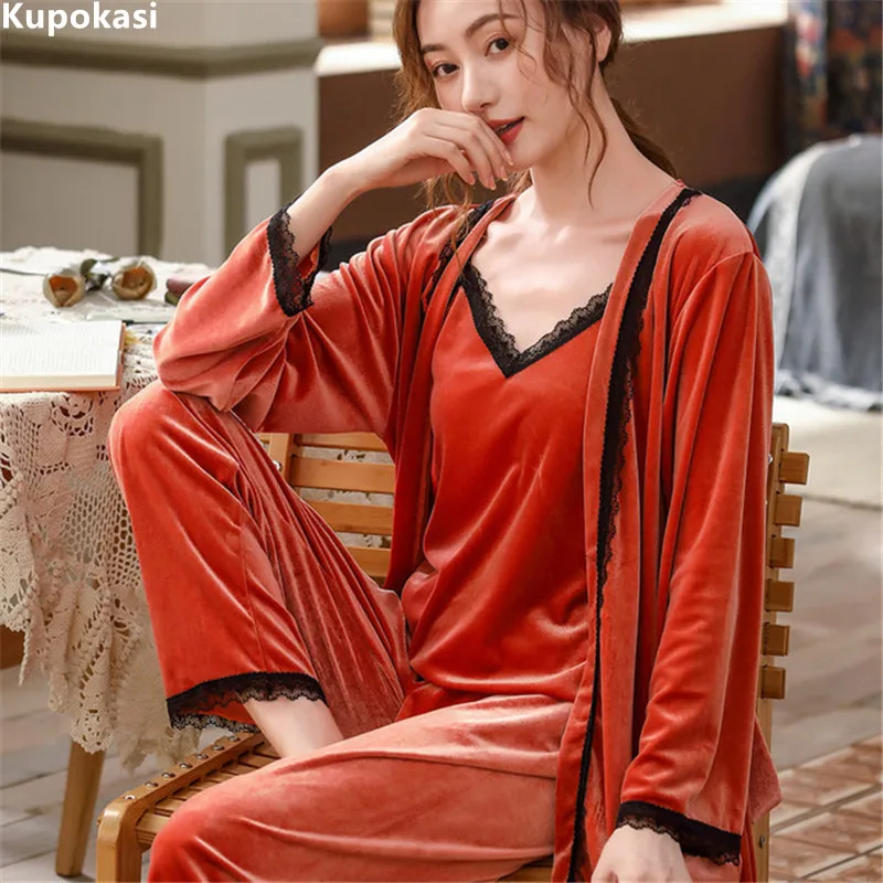 

Kupokasi Fashion 3 Peices Women's Pajamas Casual Long Sleeve Velvet Sleepwear Winter Autumn Pyjama Sexy Lace Female Homewear