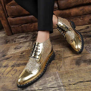 

New Men Hip Hop Casual Shoes Man Leather Gold Silver Fashion Formal shoes Male High quality Party Lace Up Shoes krasovki