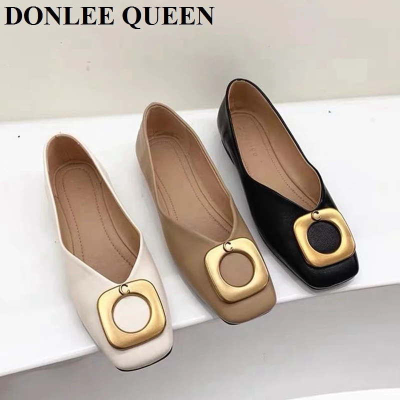 

Fashion Women Flats Shoes Slip On Loafers Square Toe Ballet Flat Casual Shoes Brand Metal Buckle Shallow Ballerina Soft Moccasin