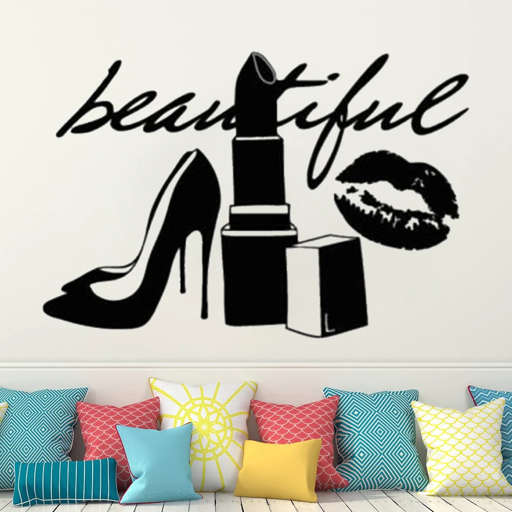 

Beautiful Lipstick Shoes Wall Stickers For Girls Room Mural Vinyl Decals Lettering Beauty Salon Bedroom Decoration DW21130