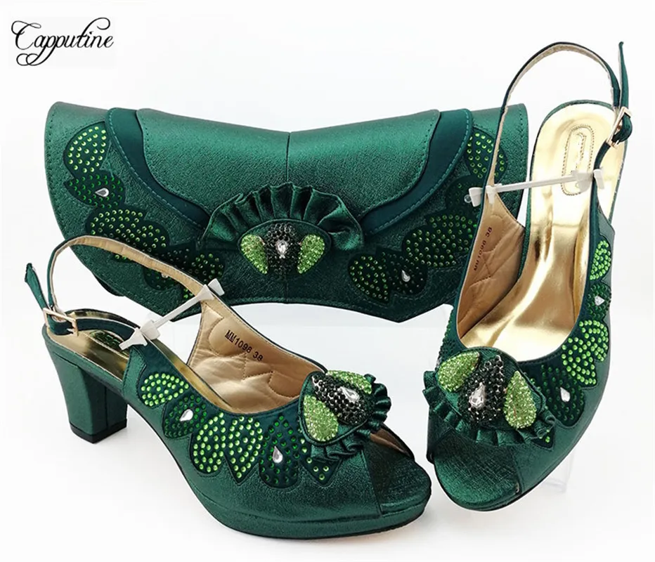 

Hot sale dark green party set high heel sandal shoes with bag set for lady MM1098, heel height 6.5cm