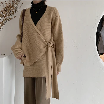 

Dunayskiy New 2020 Autumn Winter Women's Knitwear V-Neck Lace Up Knitted Cardigans Korean Oversize Elegant Lady Tops