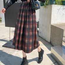 Винтажные клетчатые длинные юбки, женская уличная одежда, зимние плиссированные юбки с высокой талией размера плюс, Корейская женская шерстяная юбка, jupe femme