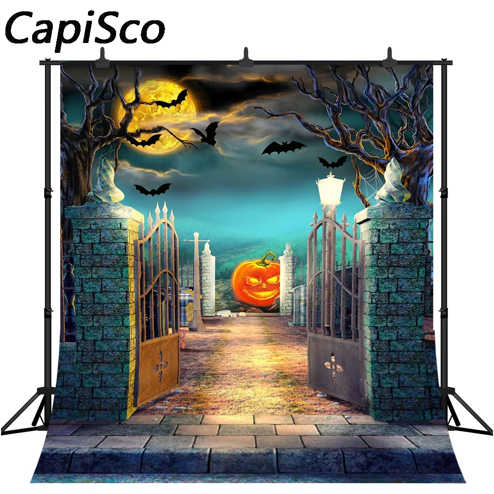 

Фон для вечерние студии с изображением кладбища и железных ворот, фон для фотографий Хэллоуин