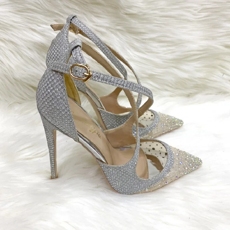

Spring and summer new rhinestone pointed mesh stiletto sandals cross strap dress bride wedding shoes plus size women's shoes