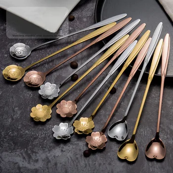 

Flowers Design Gold Spoon Long Handle Dessert Tea Coffee Mixing Spoon Stainless Steel Vintage Teaspoons Drink Tableware 1PC