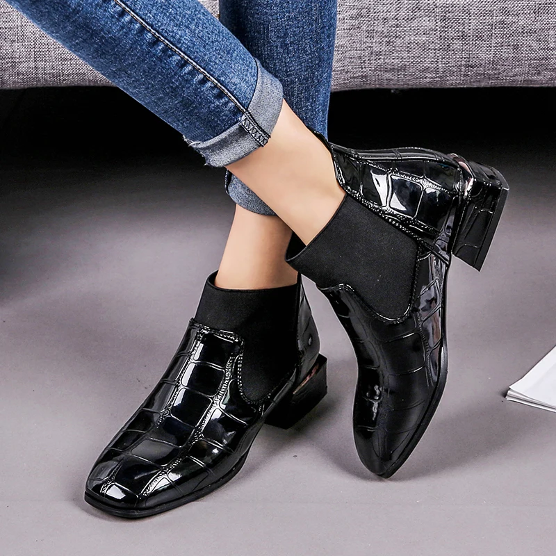 

Dropshipping PU Leather Spring Autumn Shoes Women Boots Woman Shiny Spuare Toe Black Heels Elastic Female Botas Ankle Boot Mujer