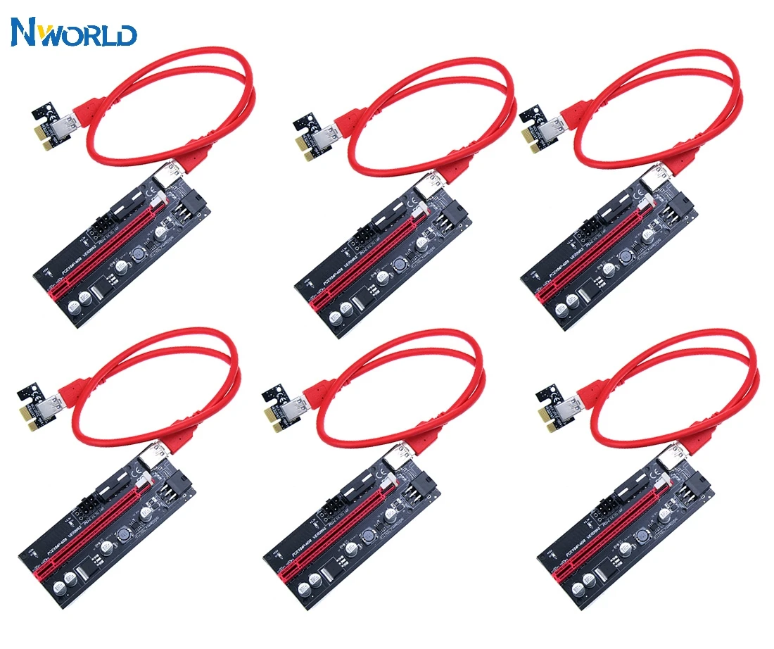 6pc 009s PCIe Riser PCI-E 1x to 16x Extender USB3.0 Cable SATA to 6Pin 4pin molex SATA Power riser card for ETH Dogecoin Mining