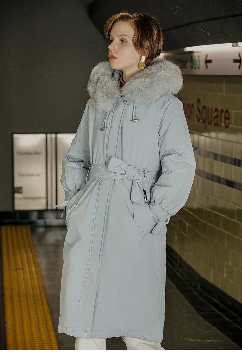Зимняя мода, хорошее качество, длинное пуховое пальто выше колена, женский большой размер, натуральный Лисий мех, теплые пуховики F570