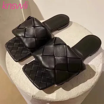 

2020 New Cross Woven Flat Slippers Women Square Toe Black Red Braided Designer Summer Shoes Woman Casual Zapatos De Mujer