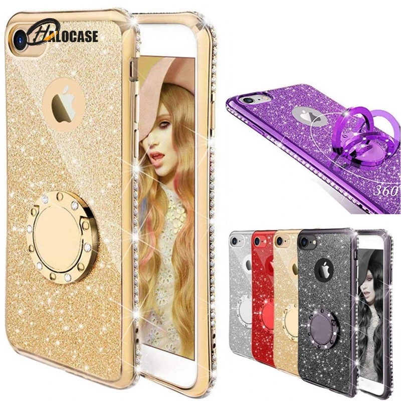Luxury Bling Glitter Diamond Phone Case For iPhone 13 12 11 Pro Max XR X XS 7 8 6 Plus SE Metal Ring Holder Soft Cover Coque | Мобильные