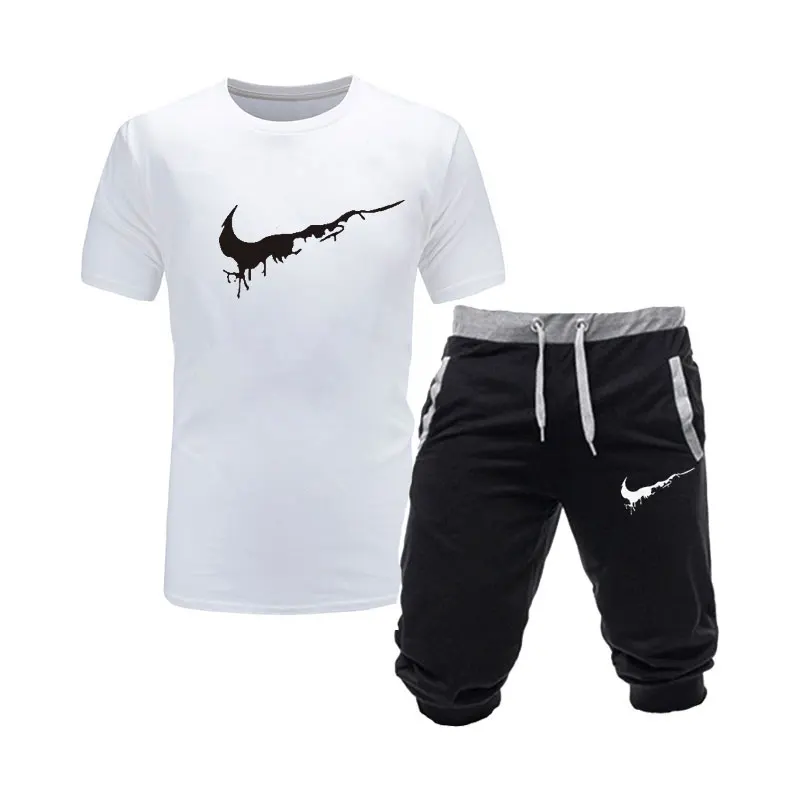 Мужской модный комплект из двух предметов: футболка с круглым вырезом+ шорты, мужская летняя футболка, модная футболка, высокое качество, Мужская футболка