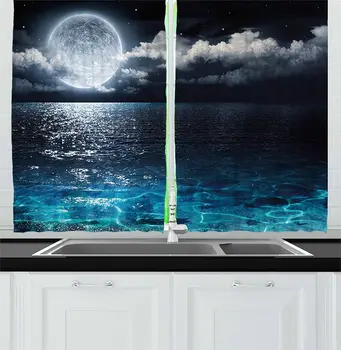 

Night Sky Kitchen Curtains Full Moon and Foggy Clouds with Turquoise Glass Like Sea Ocean Print Window Curtain for Kitchen Cafe