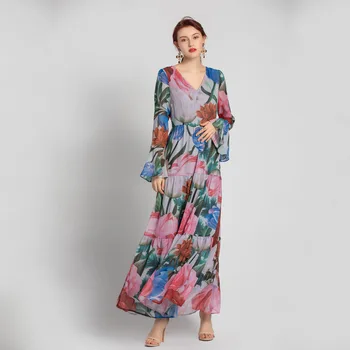 

2020 Spring Runways Women's High quality 100% silk V-neck Dress Chic floral print flare sleeves maxi dress Boho Dress B699
