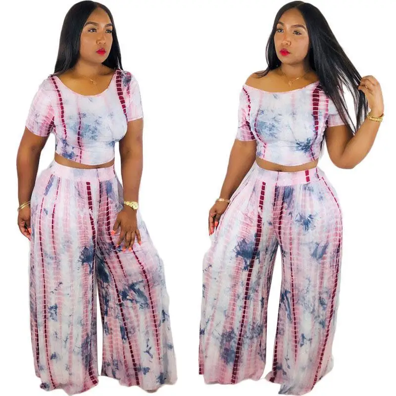 

Summer Women Two Piece Outfits Round Neck Short Sleeve Printed Top Sexy Off-the Shoulder with Trouser Casual Flare Loose
