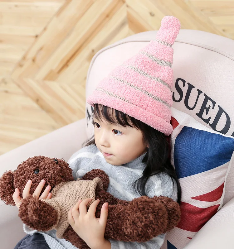 Новая зимняя детская шерстяная шапка для детей 2-8 лет, теплая вязаная шапка в полоску с острым носком, Рождественская шапочка для малышей