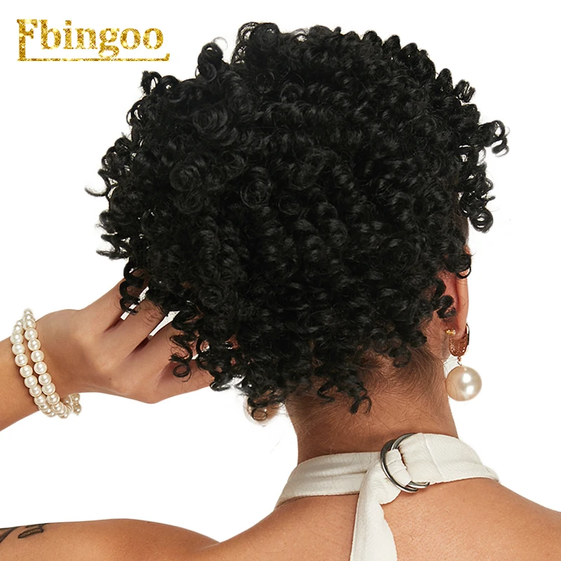 Ebingoo Kinky Curly updos Afro Ponytail Extension Hair piece Bangs Black Heat Resistant Futura Fiber Synthetic Wig