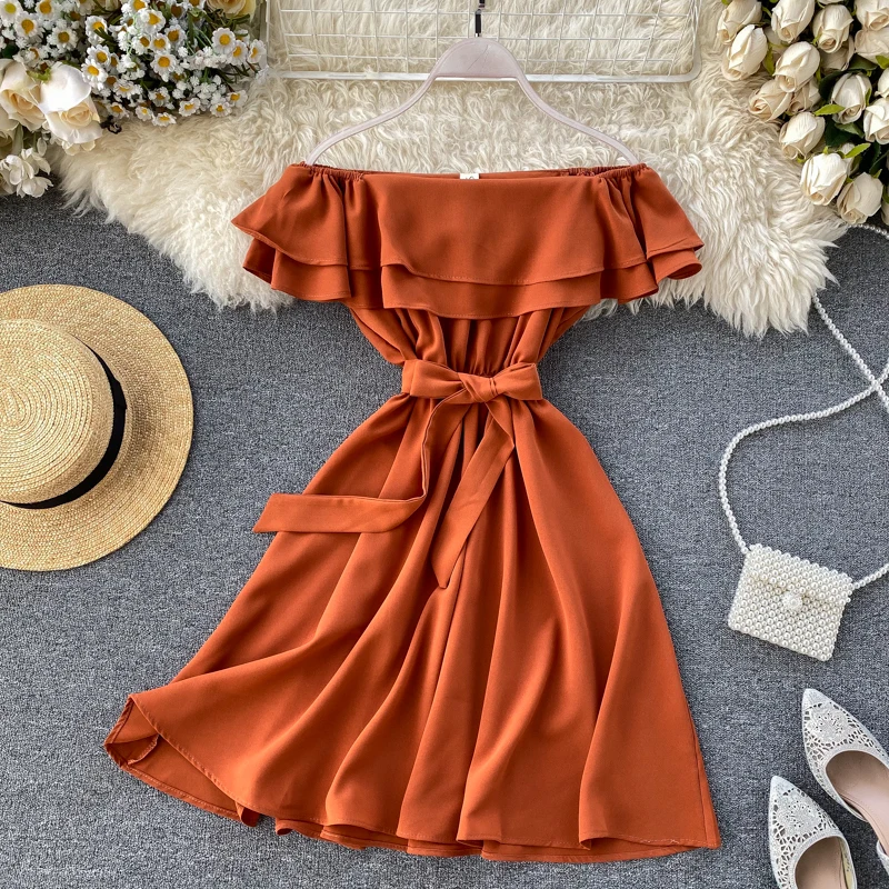 SINGRAIN Summer Women Off Shoulder Dress Bohemian Romantic Ruffle Sundress Party Holiday A-Line Retro Solid Chiffon Beach Dress