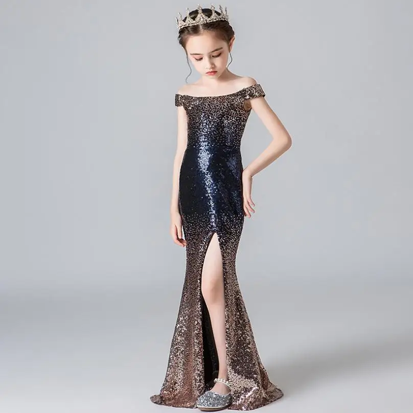 Новое Элегантное Длинное платье русалки с блестками, тонкое, сексуальное, с вырезом лодочкой, цвет, выцветает, торжественное детское платье для свадебной вечеринки, Modis Vestidos Y2057