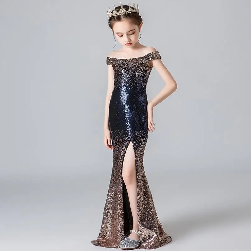 New Elegant Sequined Mermaid Long Gown Slim Sexy Slash Neck Color Fade Formal Kids Dress For Wedding Party Modis Vestidos Y2057 | Детская