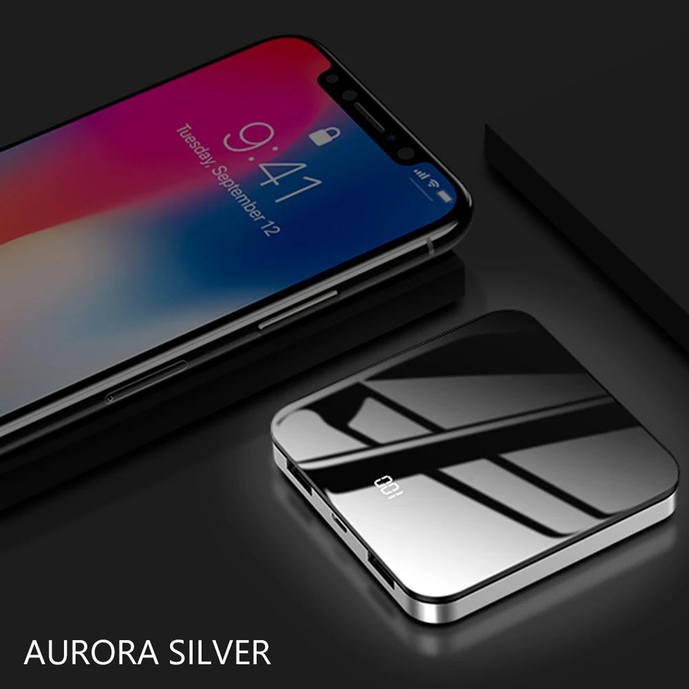 Мини внешний аккумулятор, быстрая зарядка, 5000 мА/ч, ультратонкий Светодиодный, с зеркальным экраном, портативное зарядное устройство, внешняя батарея для всех мобильных телефонов - Цвет: Silver
