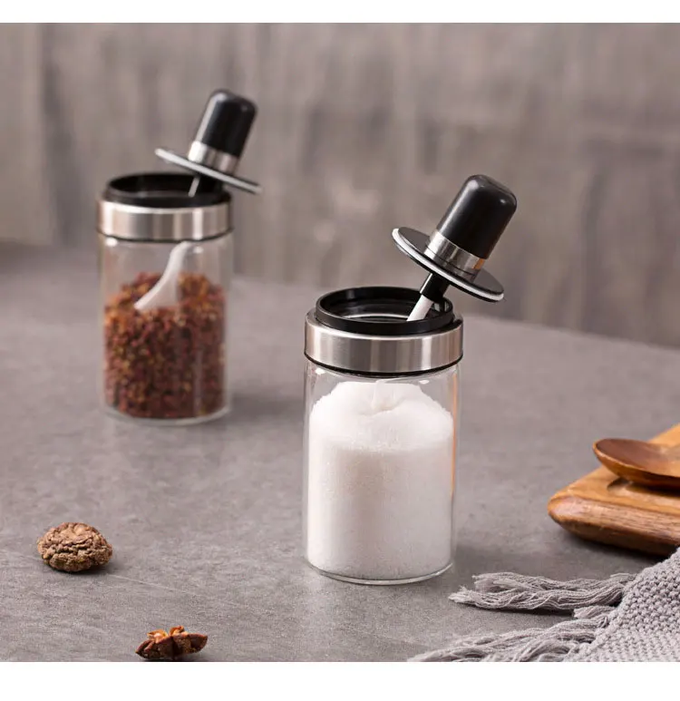 Spoon seasoning glass transparent cruet spice container sealed canister kitchen gadget condiment salt pepper storage bottle