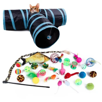 

27Pcs Cats Feather Toys-Kitten Interactive Pet Toys Assortments (3 Way Hole Tunnel) Feather Wand Fun Ball Chew Stick