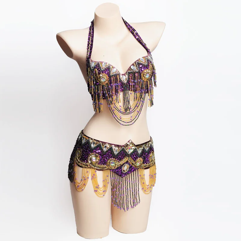 Oriental Women Belly Dance Clothes Eastern Style Beaded Round neck bra Belt Set Beaded Costumes for Belly Dancer's - Цвет: Purple 2pcs Set