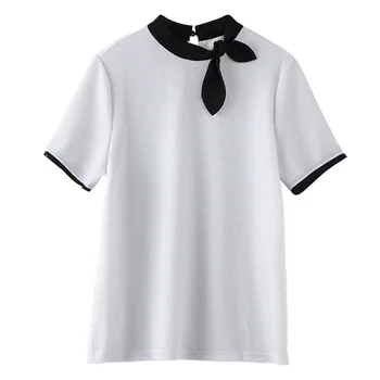 

2020 Summer New Temperament Korean Bow Half Turtleneck Stitching Knitted Tops Ladies Short-Sleeved T-shirt Wild