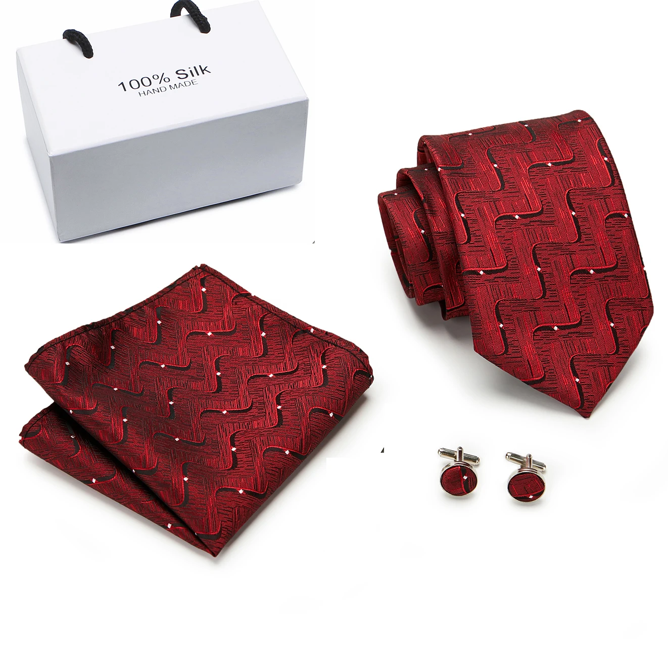 

New arrival Tie for men Silk Woven Red Geometric Color Necktie Hanky Cufflinks Set Men's Party Wedding 8cm Width Neck Tie