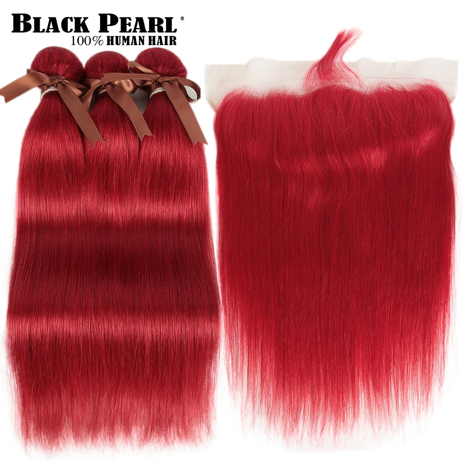 Pacotes com Frontal Brasileiro em Linha Extensões do Cabelo Pacotes de Pacotes Vermelhos com Frontal Preto Pérola Vermelha Reta Remy Humano 2 3 3 Cheap Pacotes com 34 com fecho