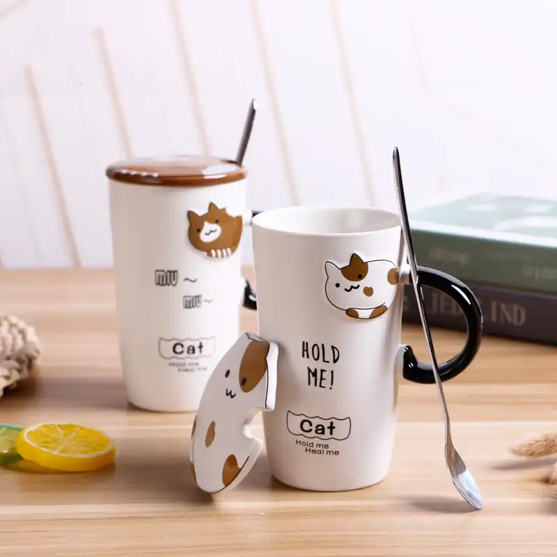 かわいい猫コーヒーマグセット漫画のマグカップ蓋セラミック磁器 スプーンコーヒーマグ茶カップミルクカップ朝食コーヒーマグカップ マグカップ Aliexpress