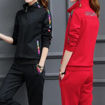 

Spring 2020 Casaul Tracksuit Women 2 Piece Set Striped Top And Pants Patchwork Zipper Sexy Sweatshirt Sweat Suit