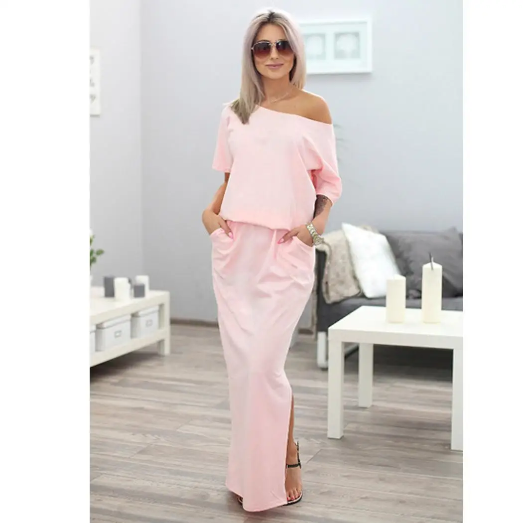 

Women Fashion Side Slit Dress Off-the-shoulder Irregular Elastic Waist Ankle-length Solid Dress Casual, Party