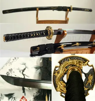 

DAMASCUS FOLDED STEEL BLACK CLAY TEMPERED JAPANESE SAMURAI SWORD KATANA DRAGON
