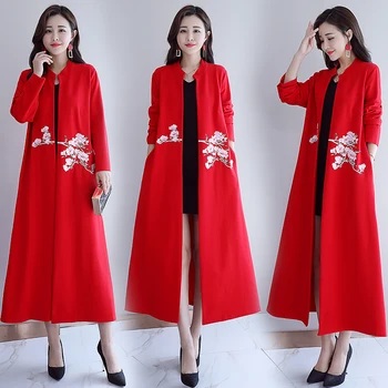 

Vintage Chinese Style Embroidery Plum Blossom Trench Coat For Women Clothing Mid-length Cardigan Black Red Windbreaker Outerwear