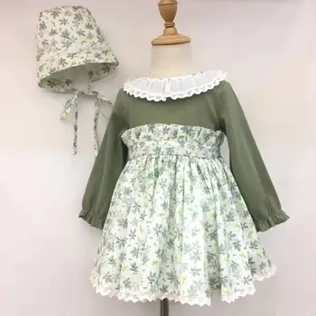 

autumn little girls dresses green ruffles peter pan collar spanish vintage hat long sleeve kids
