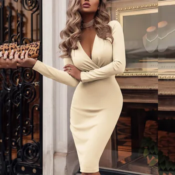

Womens Sexy Dresses Casual Bodycon V-Neck Long Sleeve Evening Club Party Dress