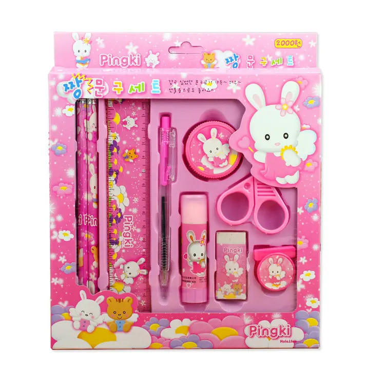 pink 1 комплект, мультяшный карандаш «кавай», линейка, ластик, точилка для карандашей, 8 в 1, Канцелярский набор для мальчиков и девочек, подарок для детей, школьников - Цвет: pink