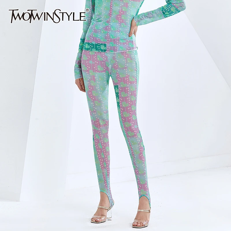 

TWOTWINSTYLE Plus Size Boot Cut Pant For Women High Waist Print Hit Color Skinny Full Length Trousers Female 2020 New Clothing