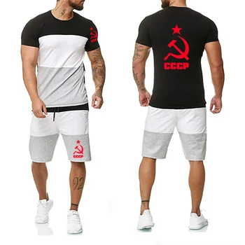 

Summer Colorblock T-shirt Man CCCP Russia USSR Soviet Union Short Sleeve Round Neck Cotton Men T-shirt + Short Suit 2 Pieces