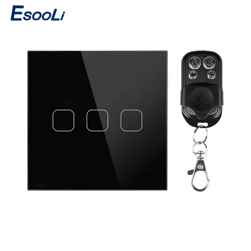 Esooli ЕС/Великобритания стандарт 1 банда 1 способ дистанционного управления переключатель, AC 170~ 240 В настенный светильник дистанционный сенсорный выключатель с мини-пультом дистанционного управления - Цвет: 3 Gang Black-A