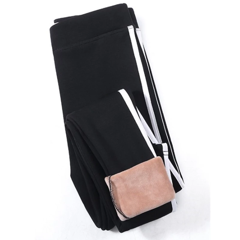 Black white stripe Женские хлопковые бархатные теплые леггинсы зимние Новые Сексуальные женские штаны с высокой талией и полосками по бокам для спортивных тренировок и фитнеса - Цвет: Black white stripe